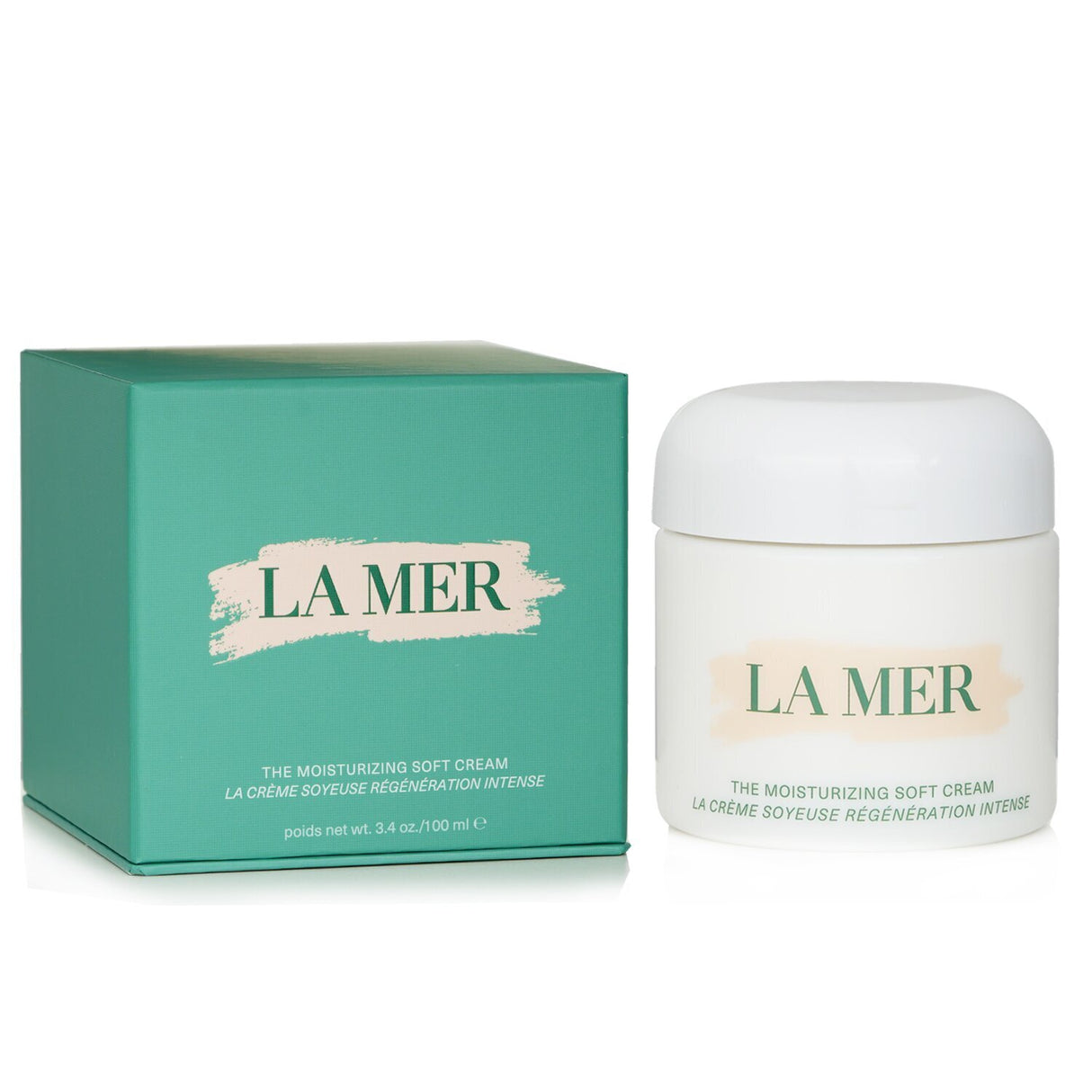 La Mer's Moisturizing Soft Cream in a 100ml jar, providing luxurious hydration with a weightless, nourishing formula.