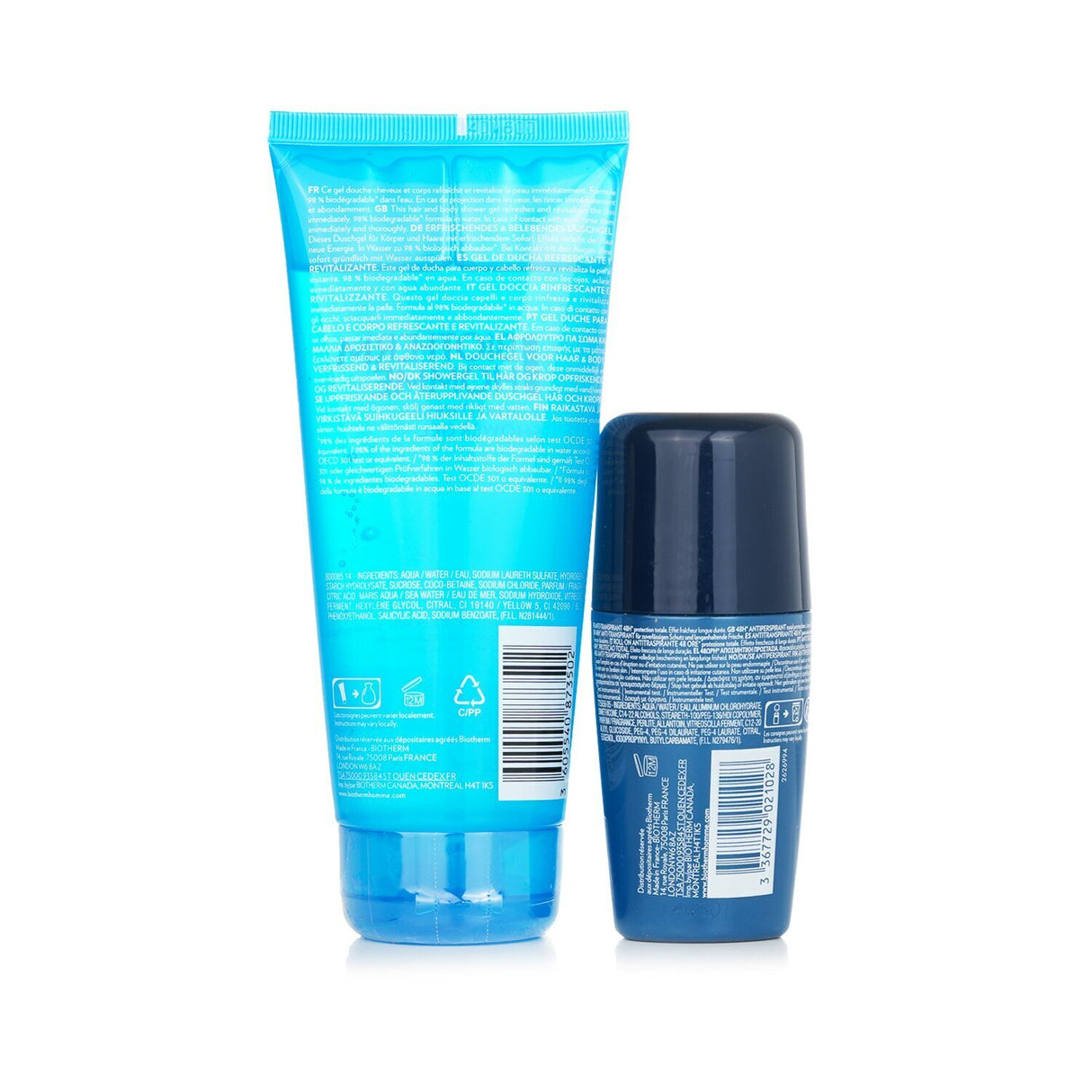 Biotherm Aquafitness Set featuring a 200ml Shower Gel and 75ml Roll On for refreshing and long-lasting skin vitality.