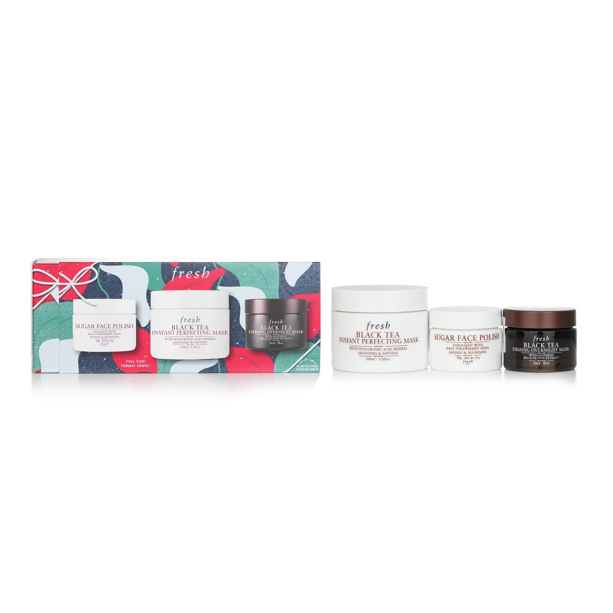 Luxurious 3-piece skincare set featuring exfoliating polish, rejuvenating mask, and overnight firming mask for radiant skin.