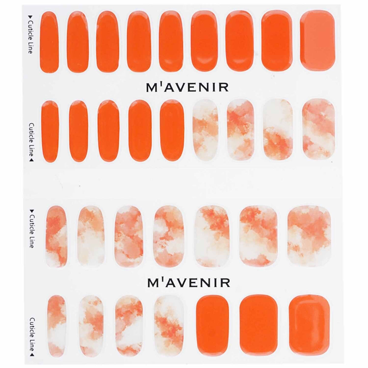 Vibrant orange Marmalade Marble nail stickers, 32 pieces, perfect for quick, salon-quality manicures at home.