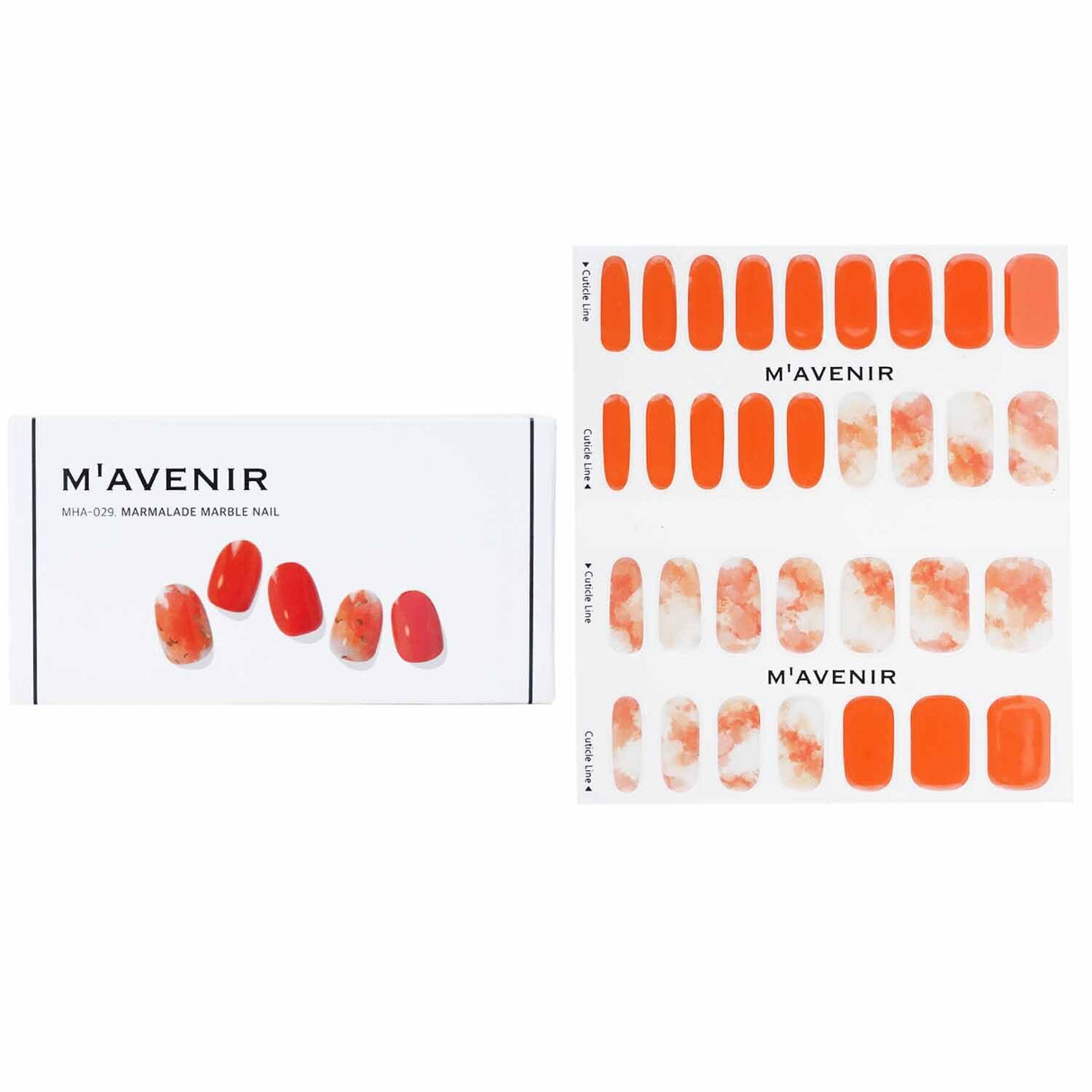 Vibrant orange Marmalade Marble nail stickers, 32 pieces, perfect for salon-quality manicures at home with no gaps.