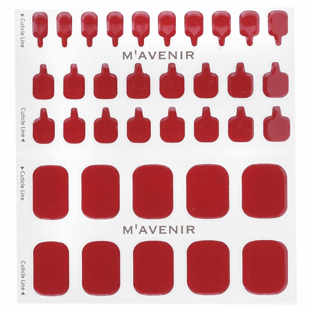 Radiant red Mavenir nail stickers with #GlassOfWinePedi design; 36 pieces for salon-quality nails at home.