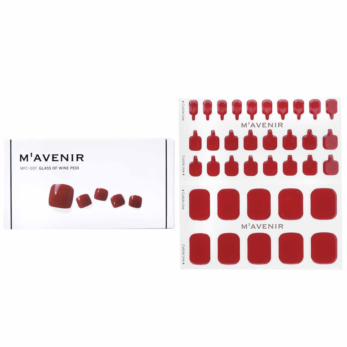 Red nail stickers from Mavenir with #GlassOfWinePedi design, 36 pieces for elegant salon-quality manicures at home.