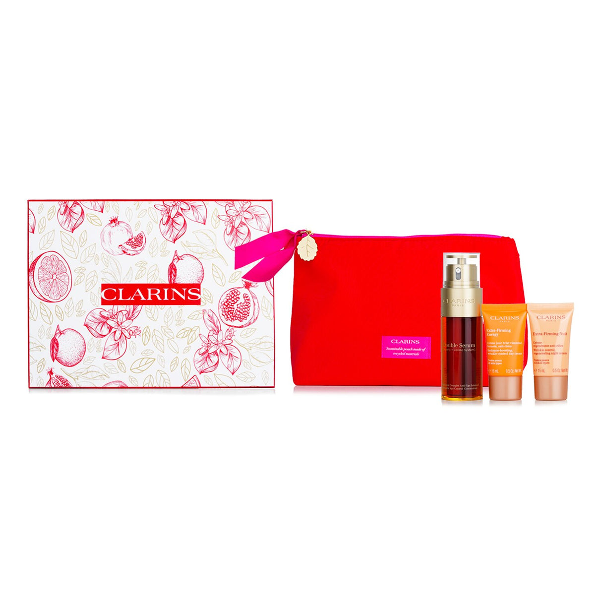 Set of Clarins Double Serum and Extra-Firming creams in a stylish bag, designed for youthful radiant skin.