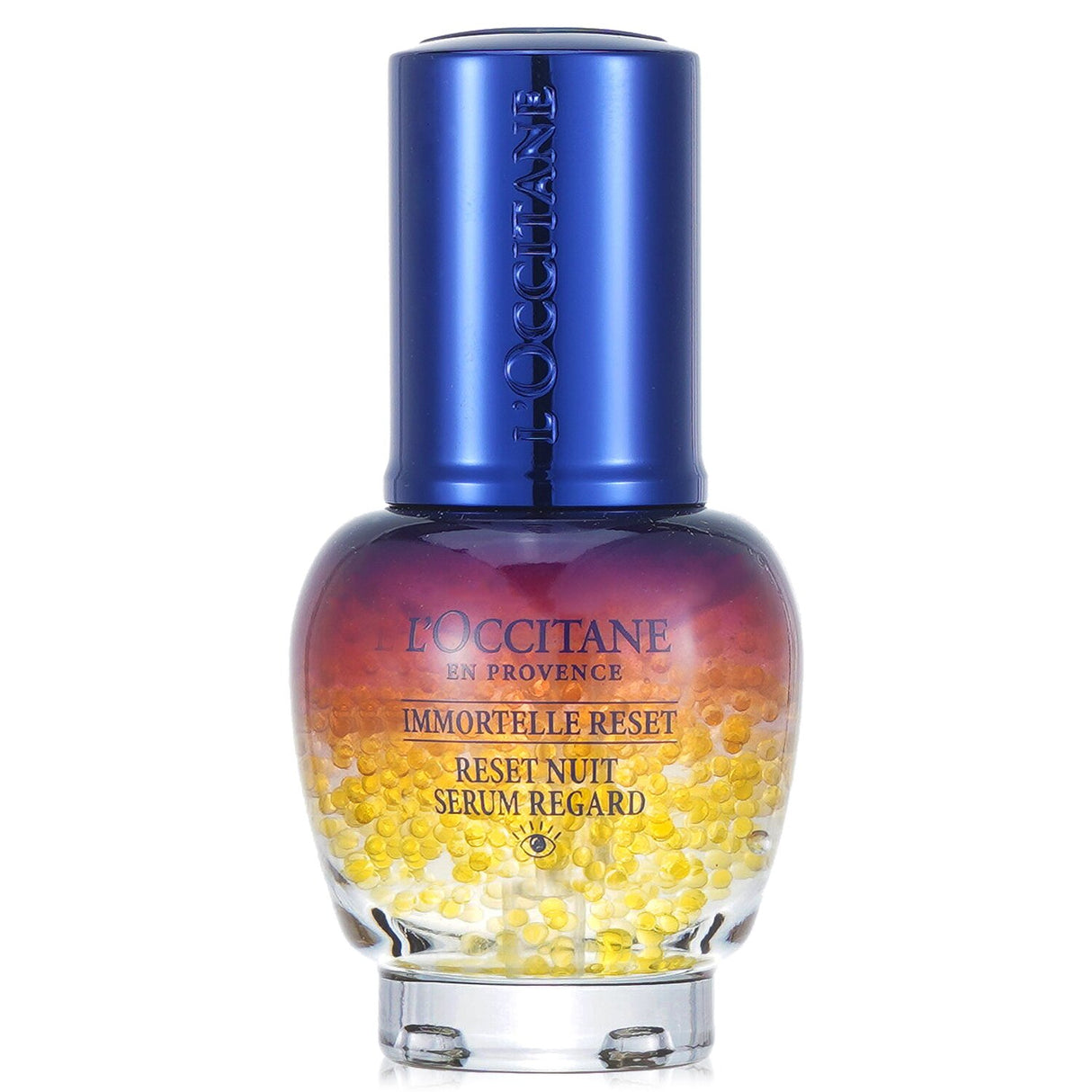 L'Occitane Immortelle Reset Overnight Eye Serum in a 15ml bottle, rejuvenating and soothing for tired, sensitive eyes.
