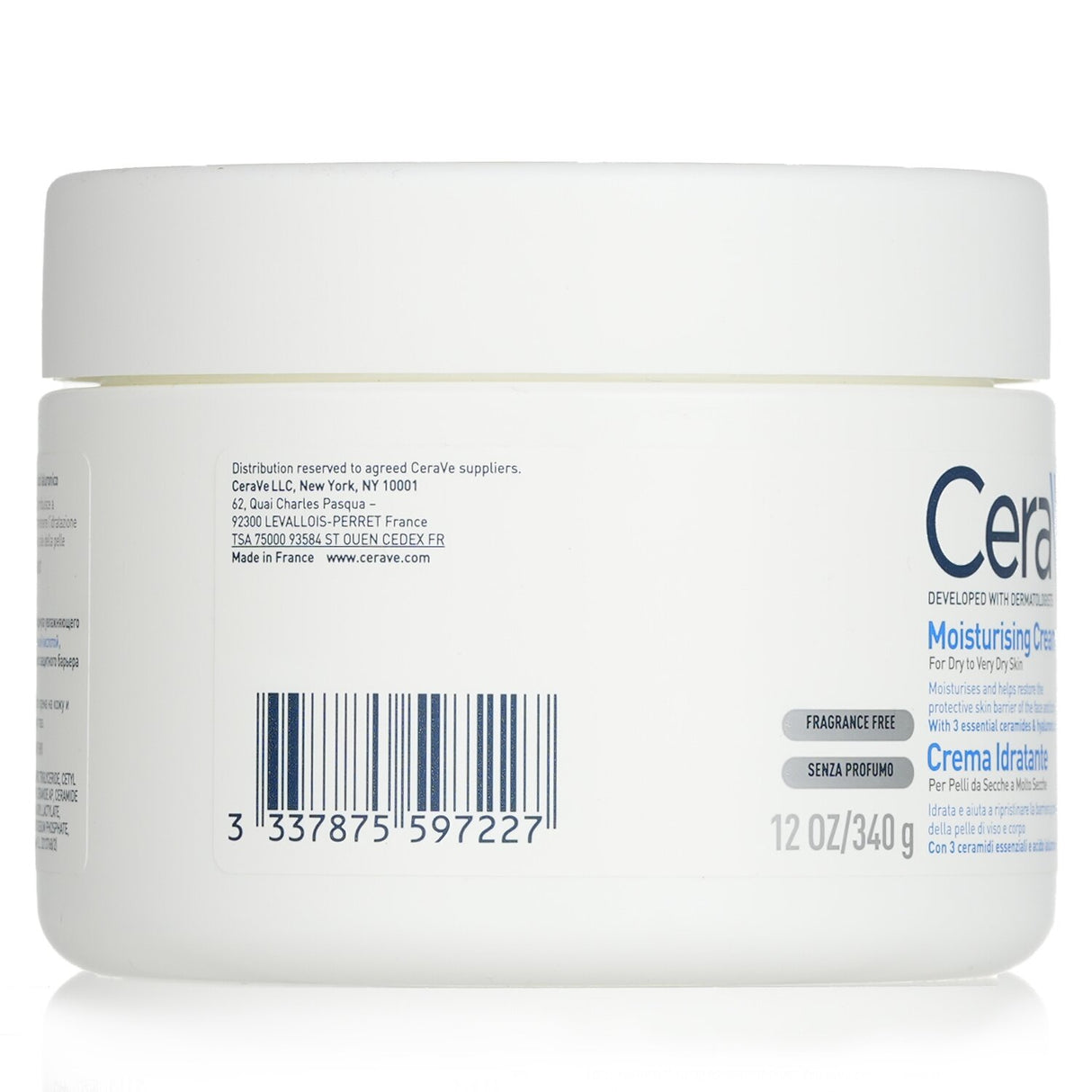 CeraVe Moisturising Cream in a 340g jar, providing deep hydration and barrier restoration for dry to very dry skin.