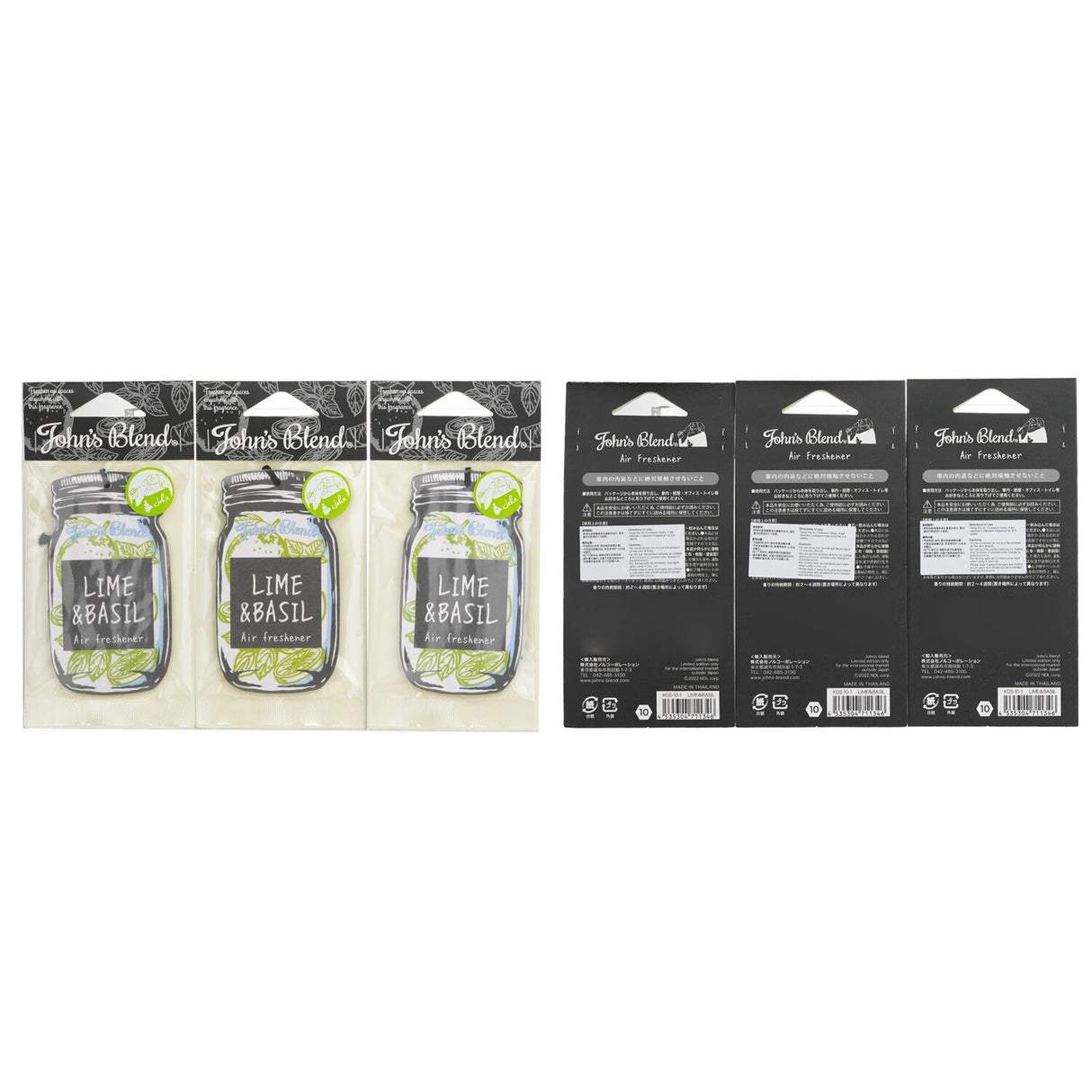 John's Blend Lime & Basil air fresheners in a 3-pack, designed to freshen spaces with a citrus-herb fragrance.