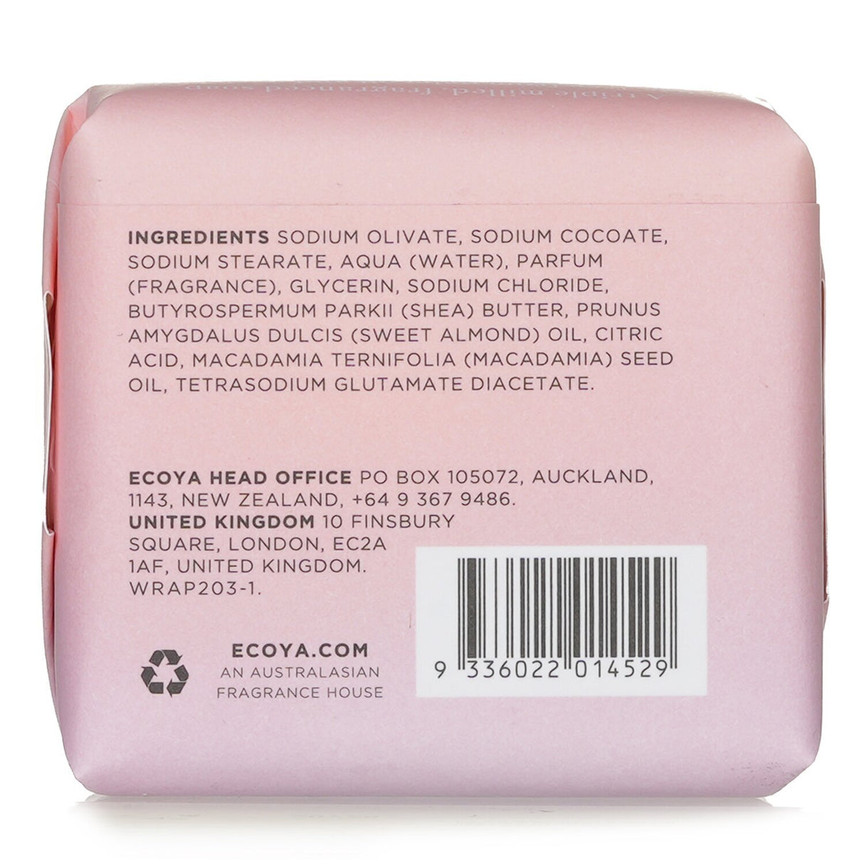 Ecoya Sweet Pea & Jasmine soap bar, 90g, enriched with shea butter and almond oil for nourishing skin care.