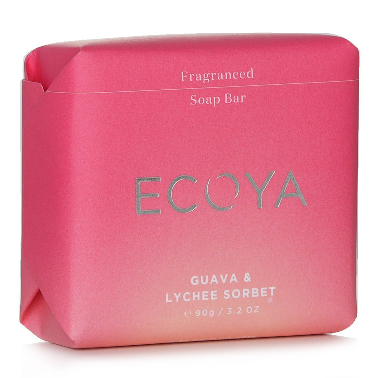 Tropical Ecoya soap bar featuring guava and lychee fragrance, enriched with shea butter and almond oil, 90g.