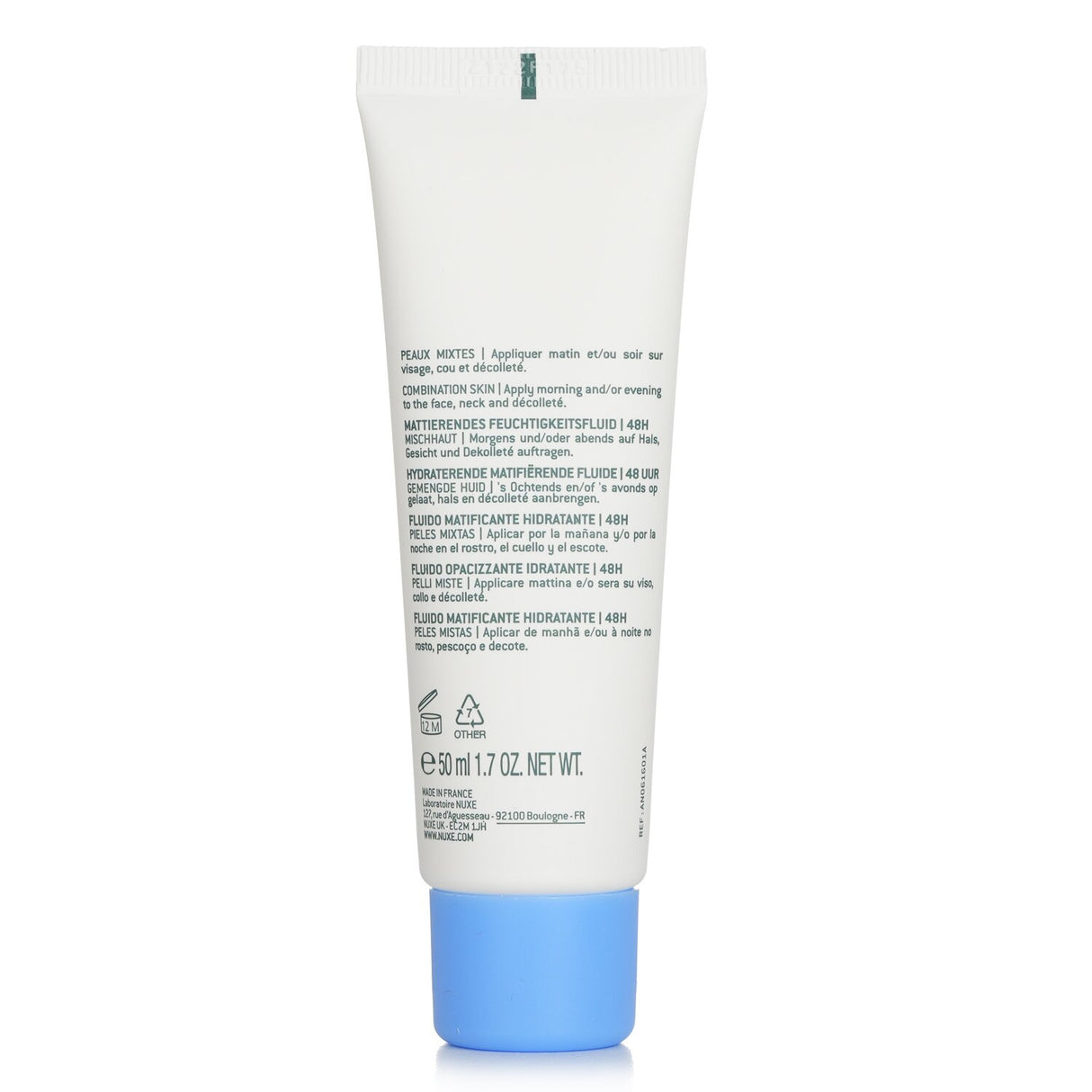 Nuxe 48H Moisturising Mattifying Fluid for combination skin, delivers hydration, softens, and refines texture with a vegan-friendly formula.