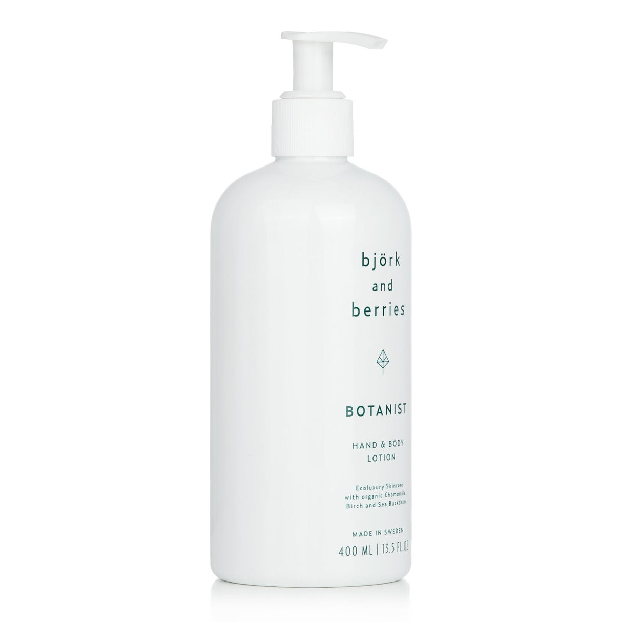 Luxurious 400ml hand and body lotion with natural ingredients, enriched with sea buckthorn, birch, and chamomile for hydration.