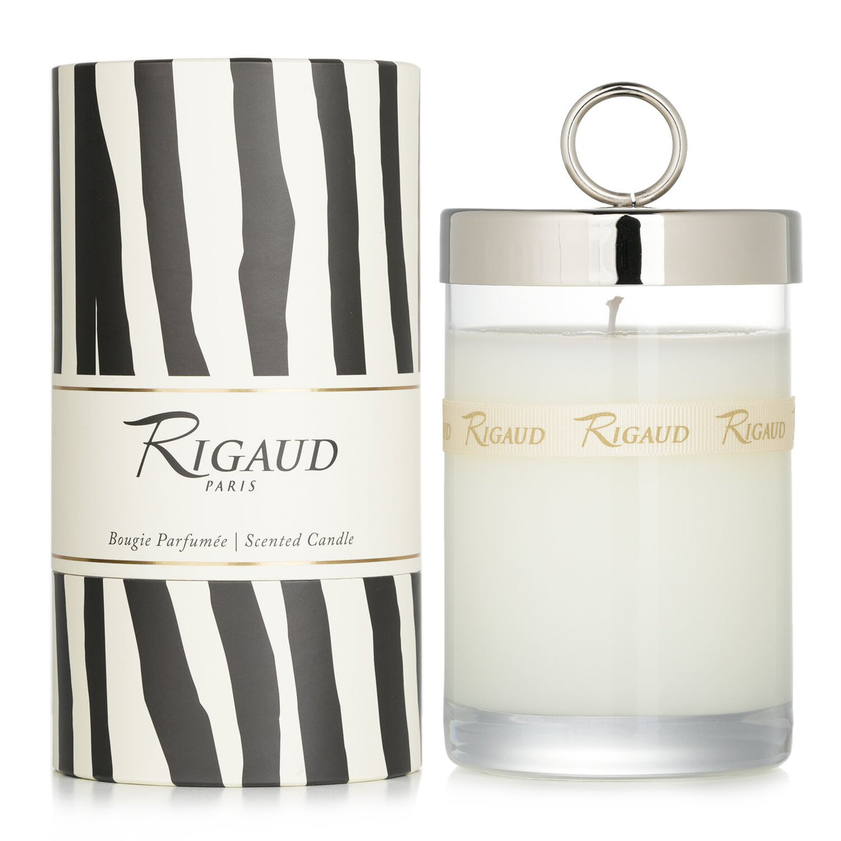 Rigaud Gardenia scented candle in a transparent glass with bow tie, offering a fresh floral fragrance and 90 hours of burn time.