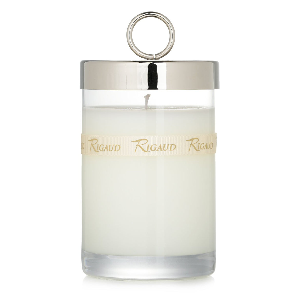 Rigaud #Gardenia scented candle in a glass container, featuring floral notes and a burn time of 90 hours for a tranquil ambiance.
