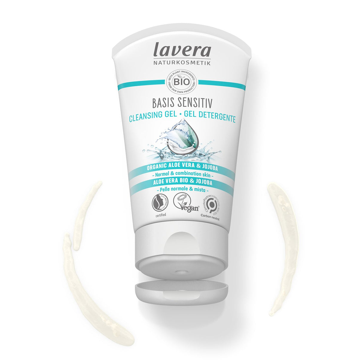 Lavera Basis Sensitiv Cleansing Gel with organic aloe vera and jojoba for gentle cleansing of normal and combination skin.