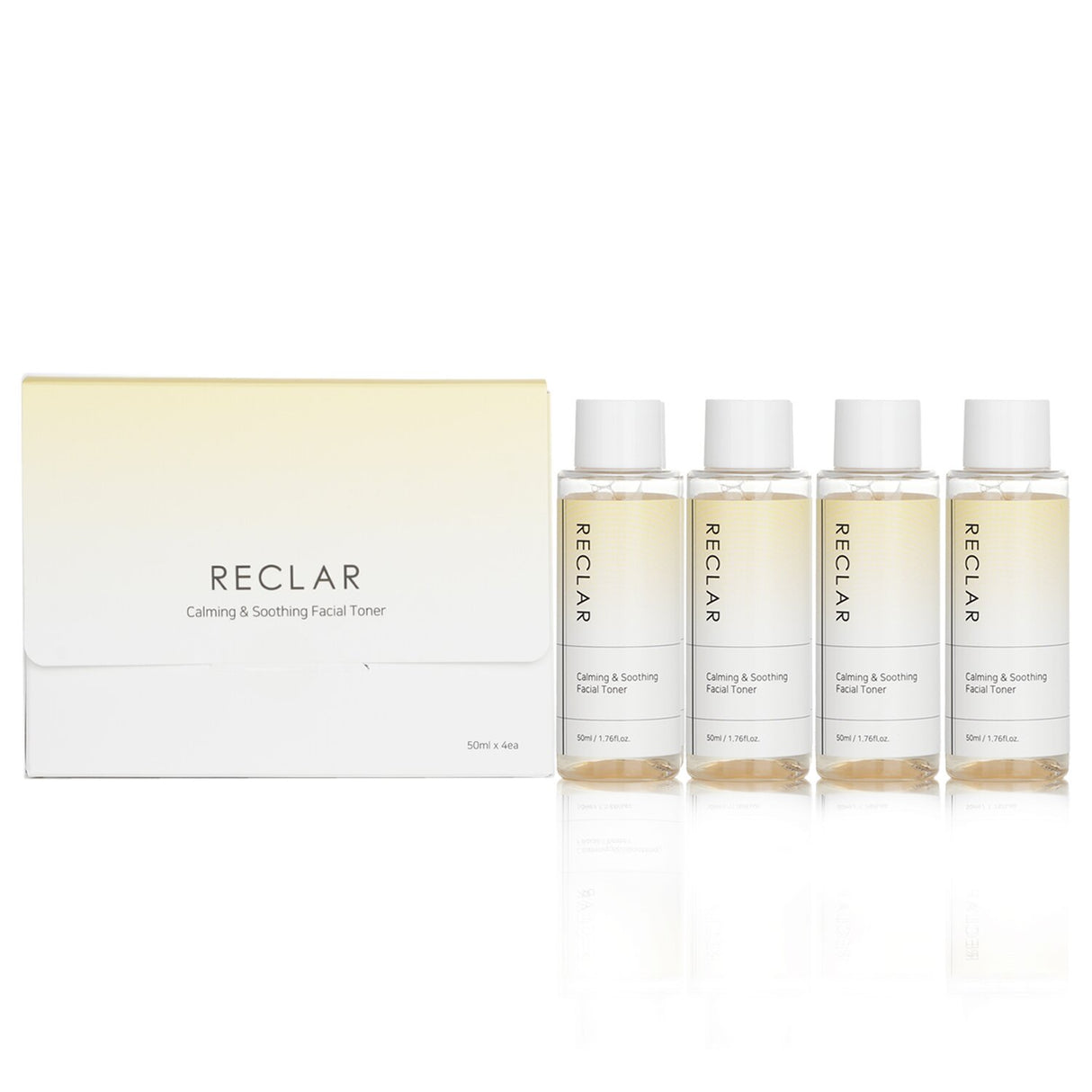 Reclar Calming & Soothing Facial Toner in 4x50ml, enriched with Aloe Vera, BHA, and Centella for hydrated, refreshed skin.