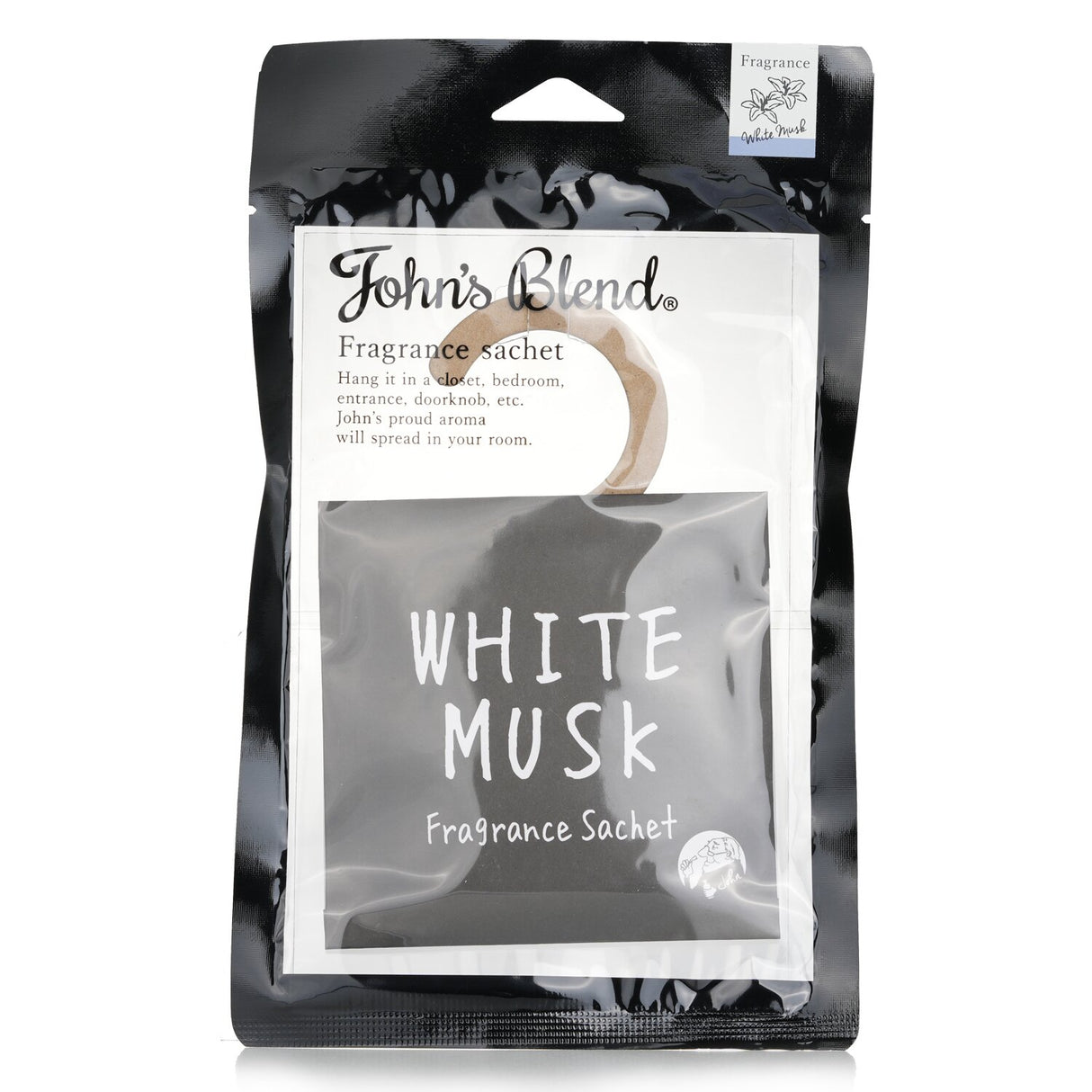 Hanger-type fragrance sachet in White Musk, ideal for closets, drawers, and cars, lasting freshness for up to 8 weeks.