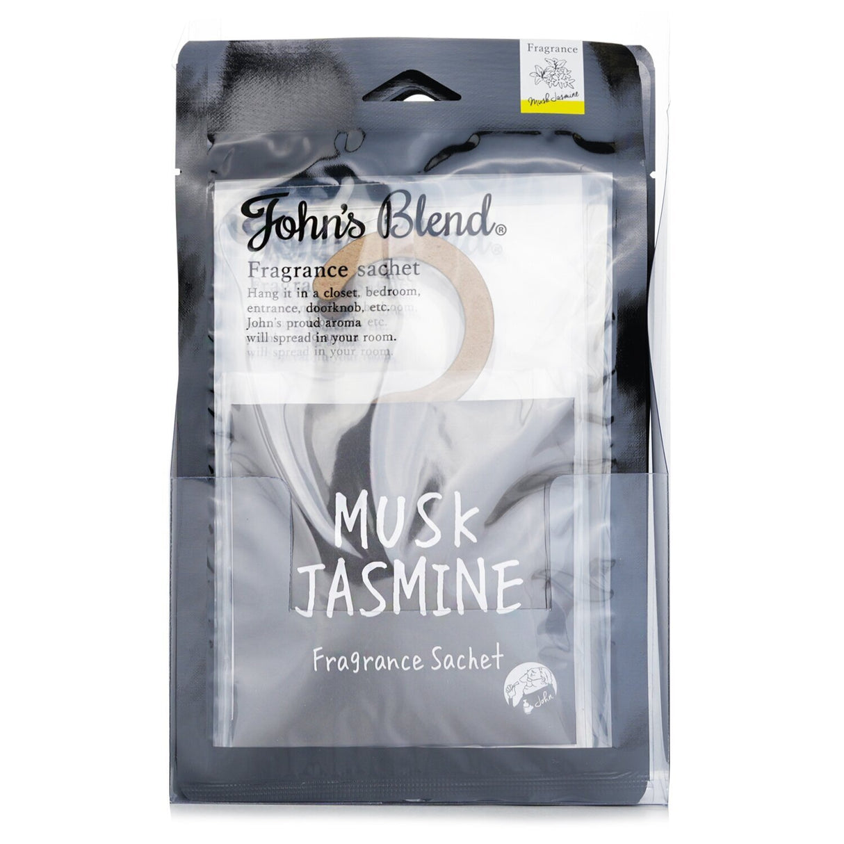 Hanger-type fragrance sachet with Musk Jasmine aroma, ideal for deodorizing drawers, closets, and cars for up to 6 weeks.