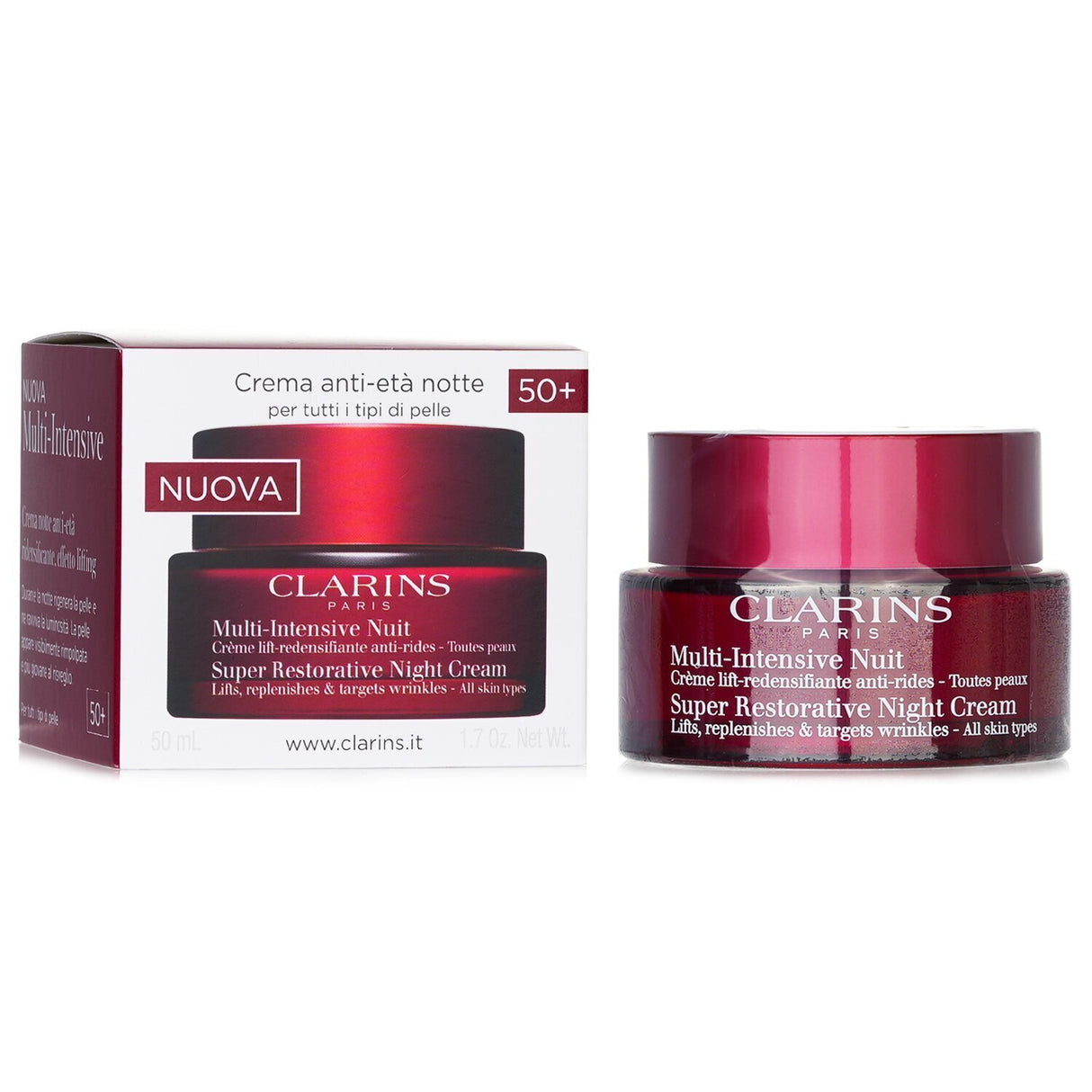 Clarins Multi Intensive Nuit Super Restorative Night Cream 50ml, enhancing skin density and radiance while minimizing wrinkles overnight.