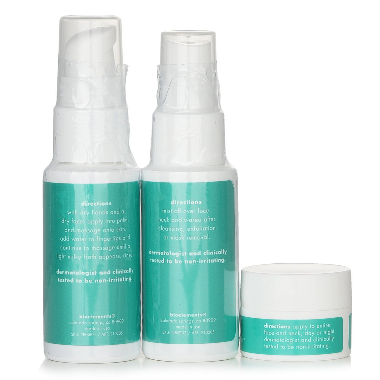 Bioelements 3-Step Mini Starter Set showcasing sensitive skin cleansing oil, soothing mist, and daily hydrator for gentle skincare.