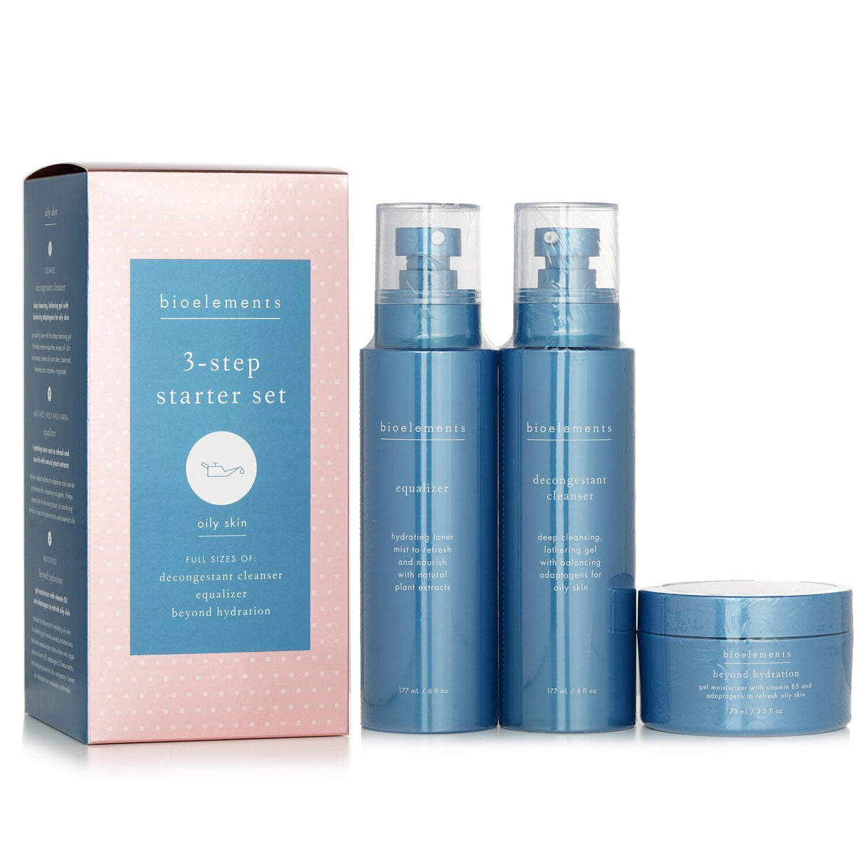 Bioelements 3-Step Starter Set for Oily Skin includes cleanser, toner, and hydrator for a balanced, shine-free complexion.
