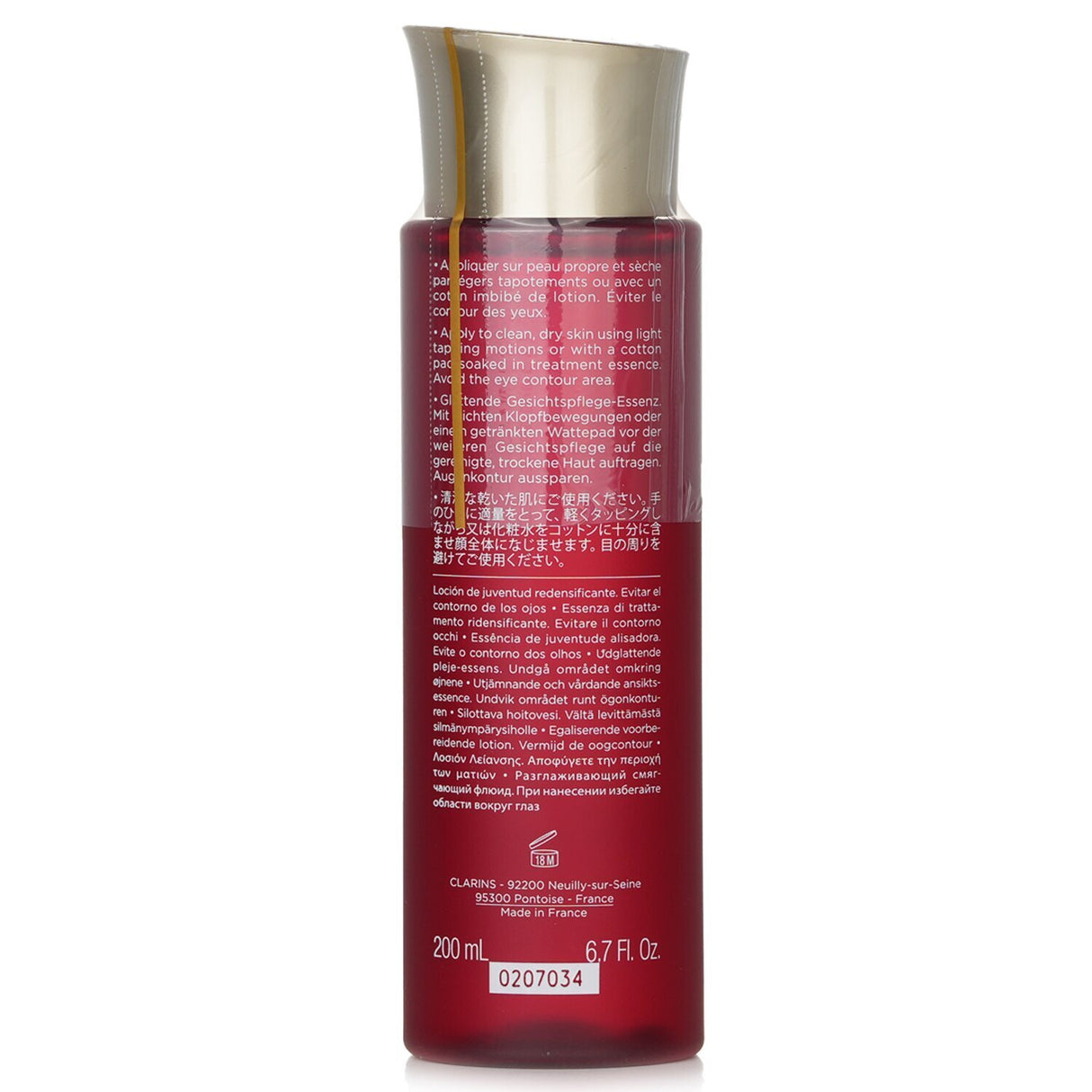 Clarins Super Restorative Smoothing Treatment Essence in a 200ml bottle, designed to rejuvenate and smooth aging skin.