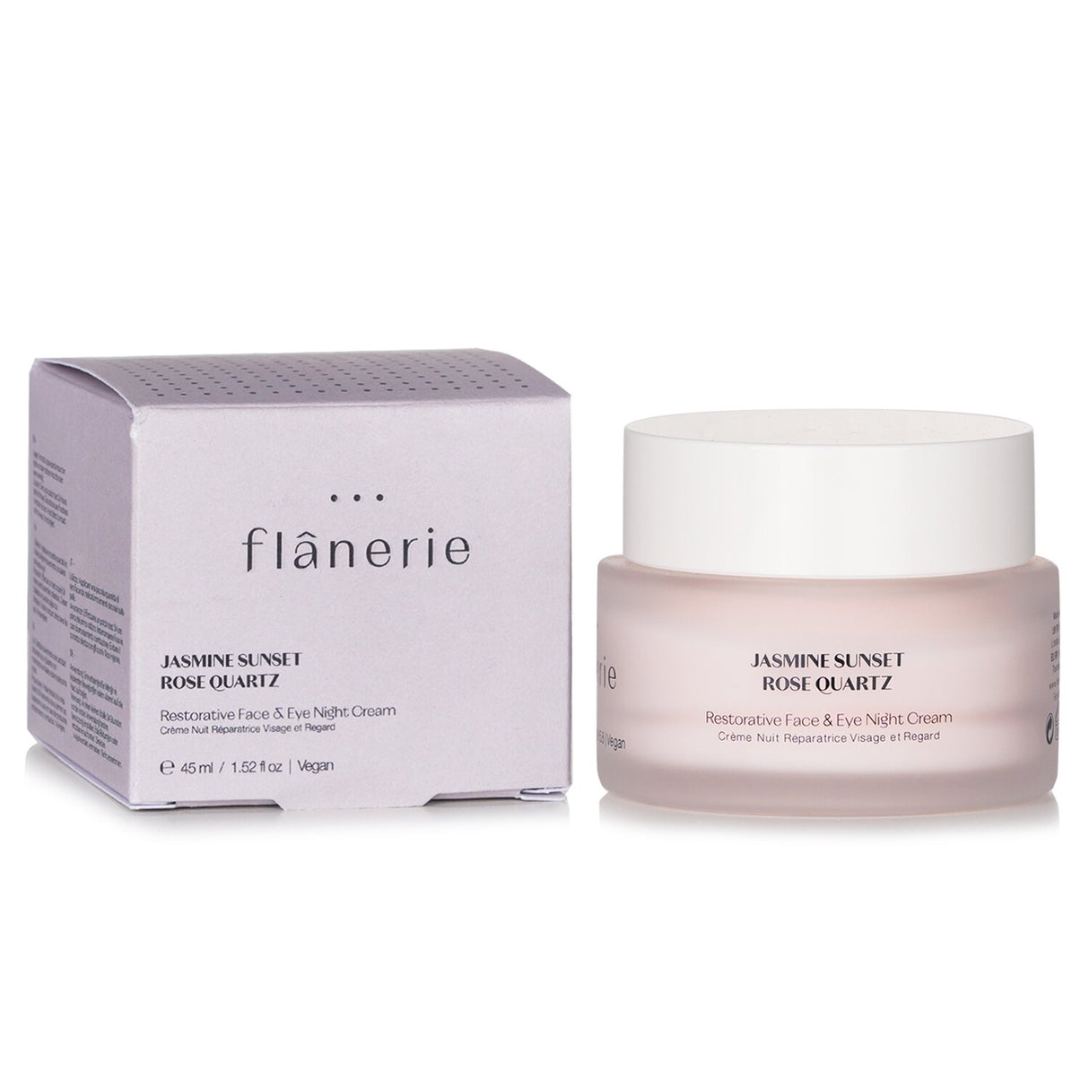 Flanerie Restorative Night Cream in a 45ml jar, infused with Rose Quartz for rejuvenation, hydration, and radiant skin.