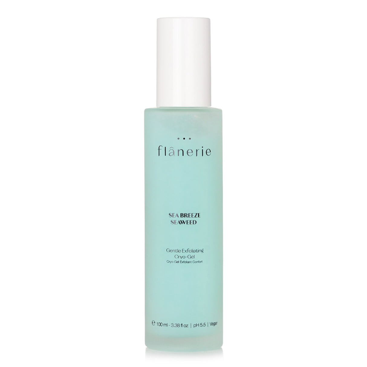 Vegan exfoliating cryo-gel for radiant skin, infused with seaweed, glycolic acid, and a refreshing marine scent.