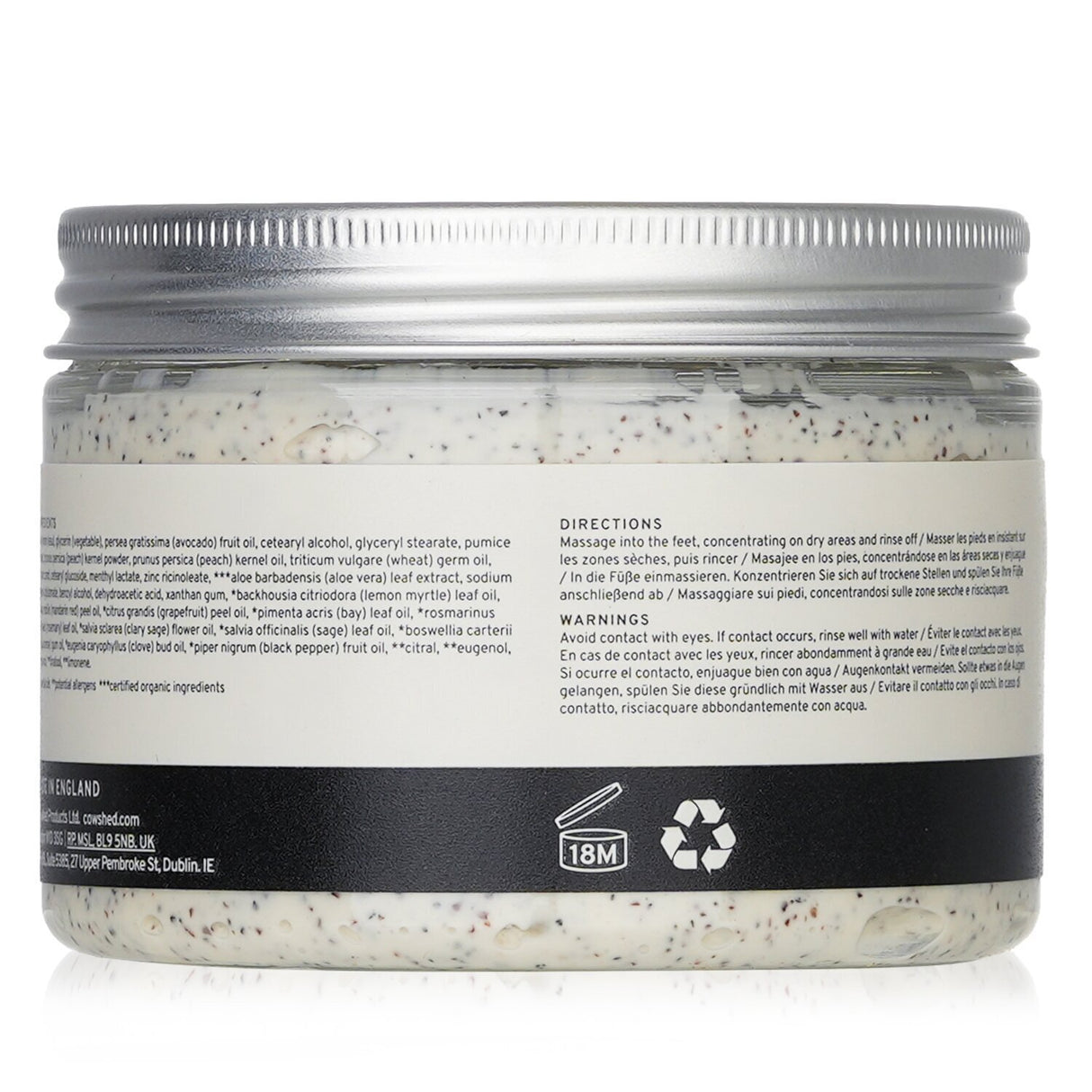 Cowshed Revive Foot Scrub in 150g jar, featuring avocado oil, aloe vera, and volcanic sand for soft, rejuvenated feet.