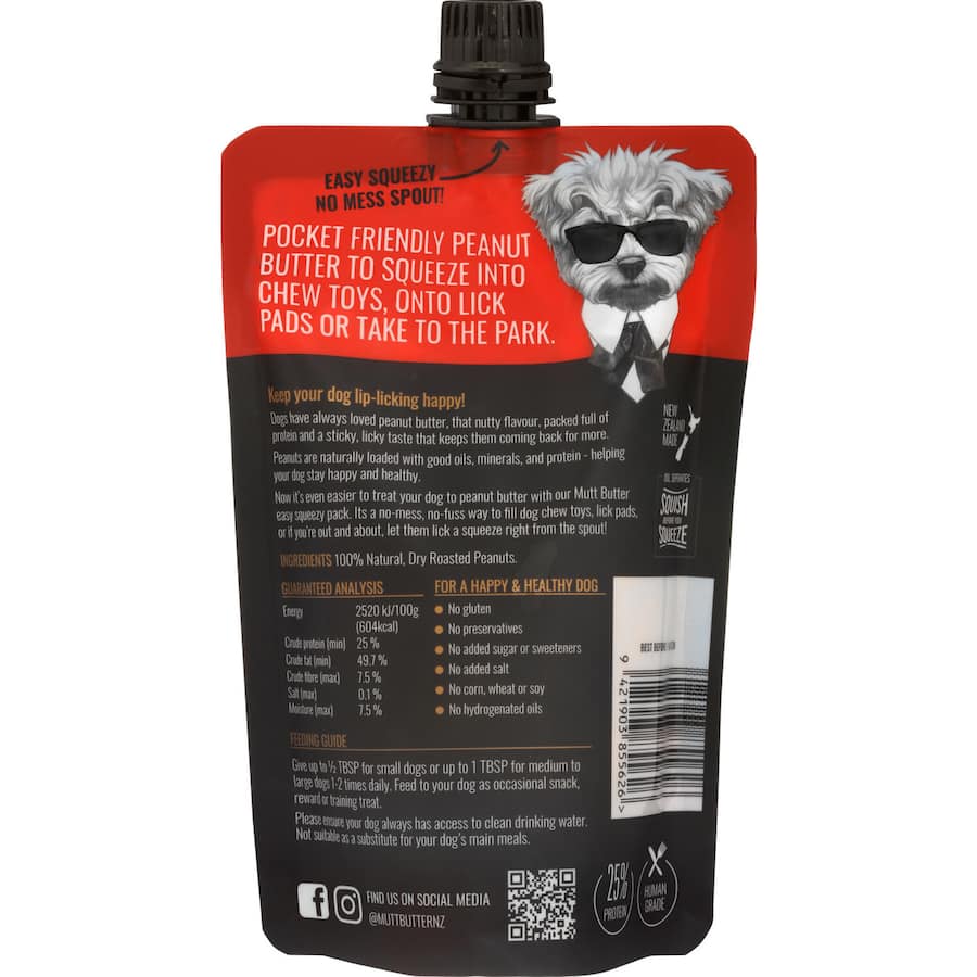Mutt Butter Dog Treats Peanut Butter Squeezy Pouch 250g