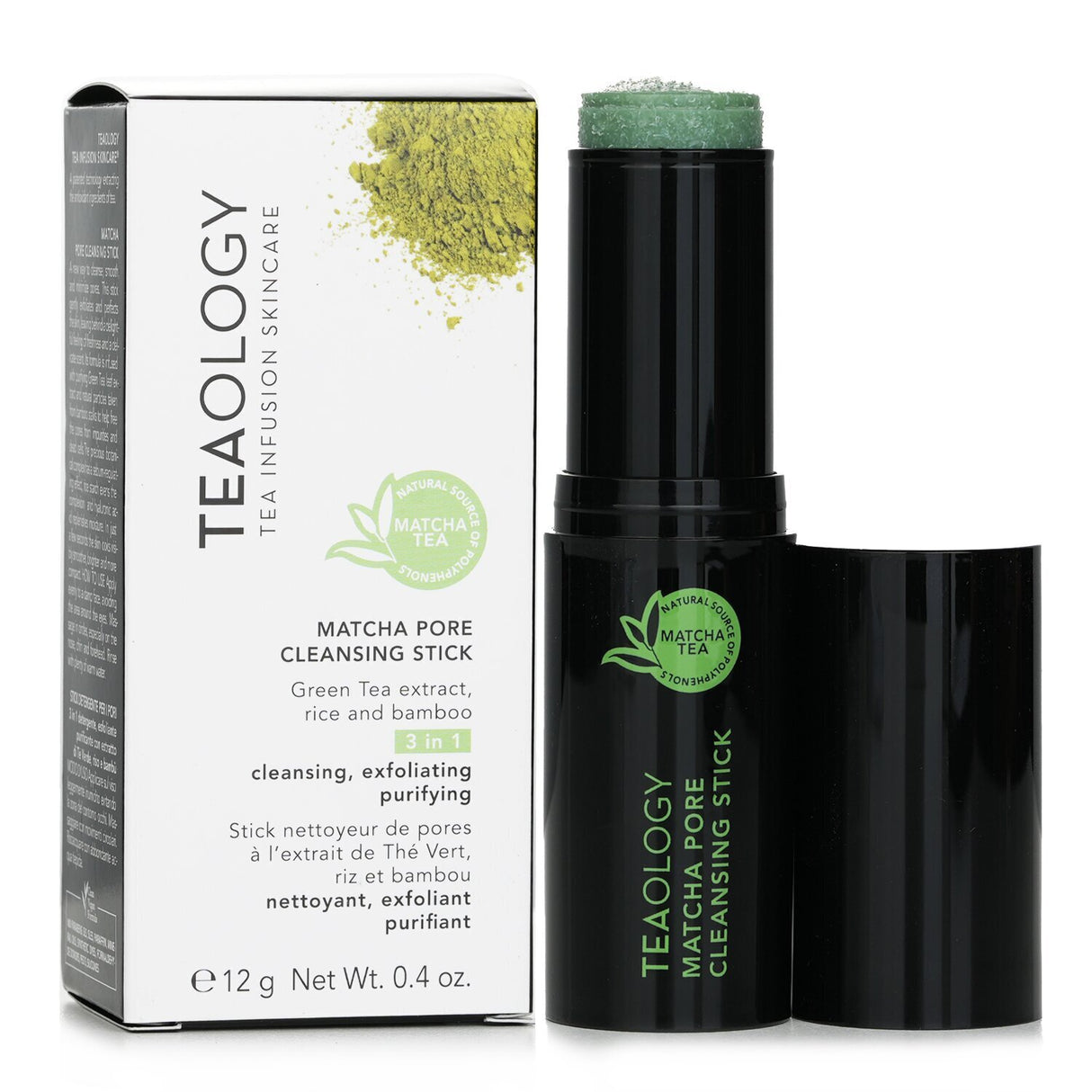 Teaology Matcha Pore Cleansing Stick, a 12g stick that purifies skin with matcha, bamboo, and botanical ingredients.
