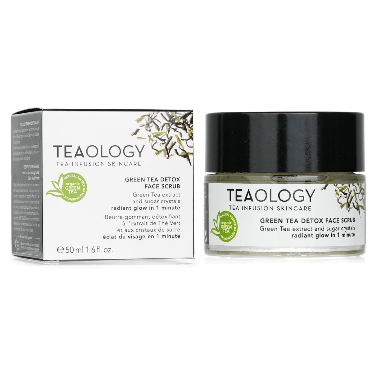 Teaology Green Tea Detox Face Scrub in a 50ml jar, featuring a cream-butter texture for cleansing and revitalizing all skin types.