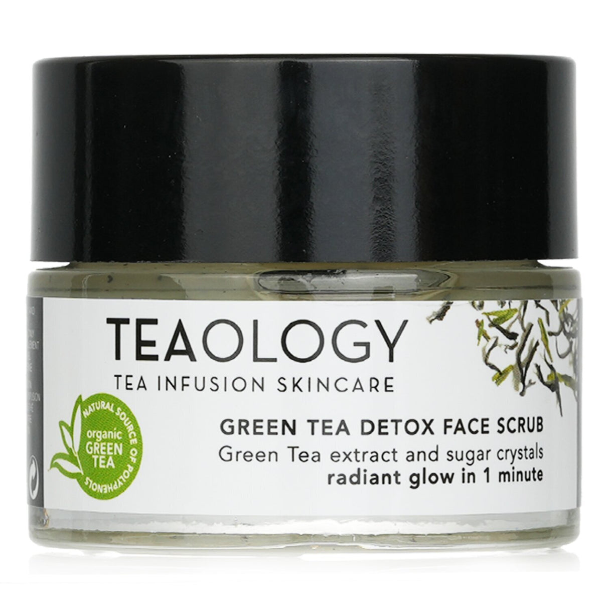 Teaology Green Tea Detox Face Scrub in a 50ml jar, offering a cream-butter texture for gentle exfoliation and hydration.