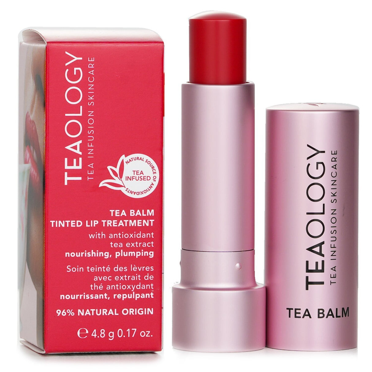 Nourishing cherry tea lip balm with natural ingredients, providing hydration and buildable color for soft, full lips.