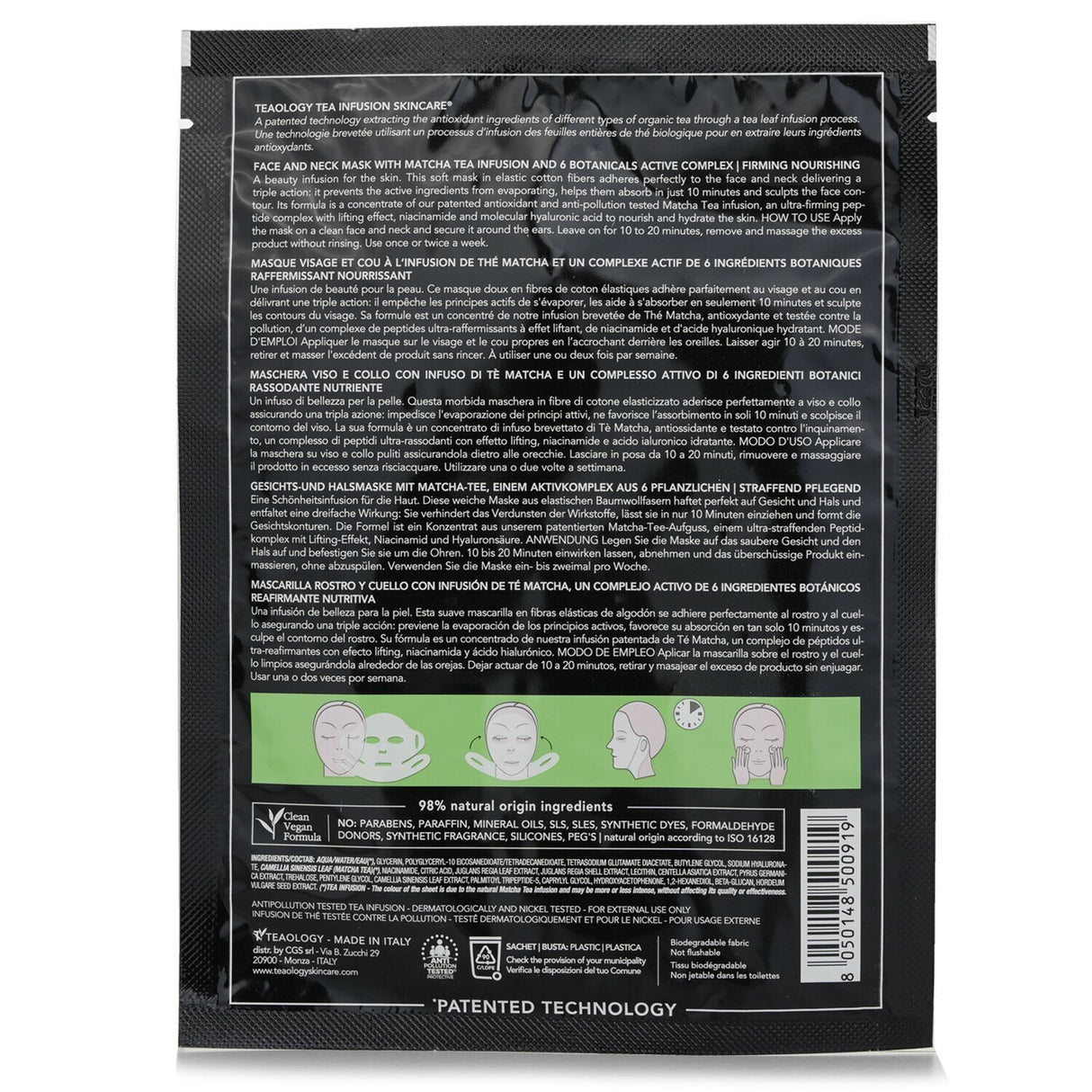 Teaology Matcha Tea Superfood Face & Neck Mask, rejuvenating, anti-aging, biodegradable cotton, 98% natural ingredients, 10-minute treatment.