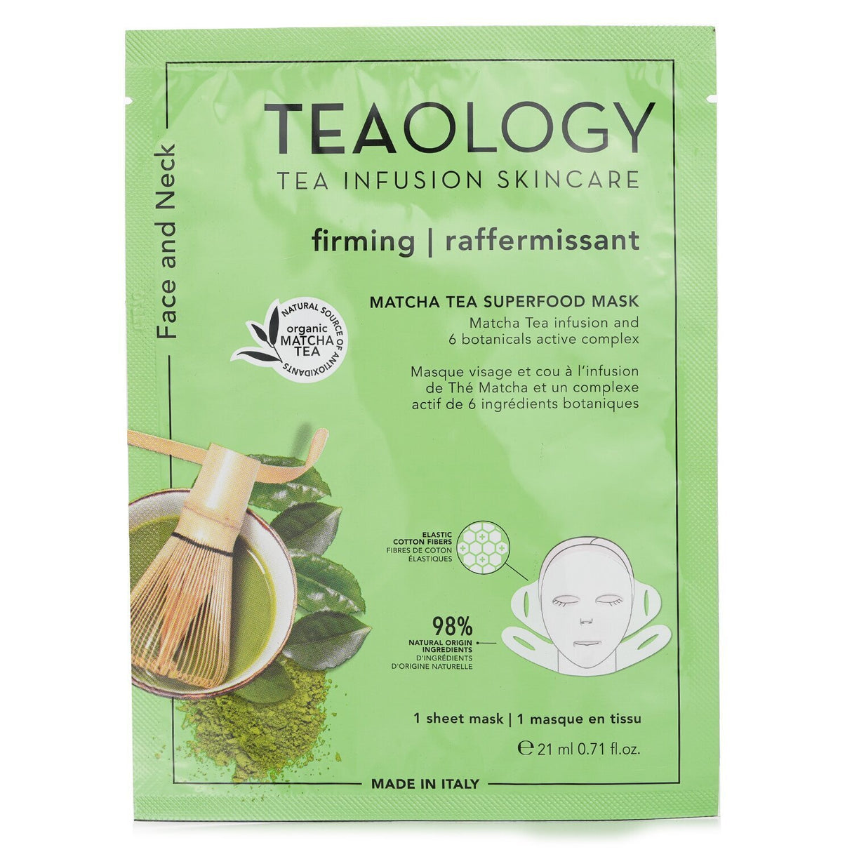 Teaology Matcha Tea Superfood Face & Neck Mask displayed, featuring biodegradable cotton construction and unique ear hooks for secure fit.