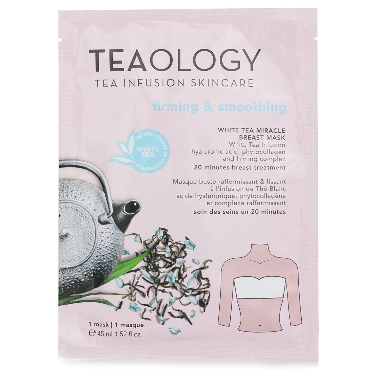 Teaology White Tea Miracle Breast Firming Mask, 45ml, offers a natural, smoothing treatment for firmer, rejuvenated skin.