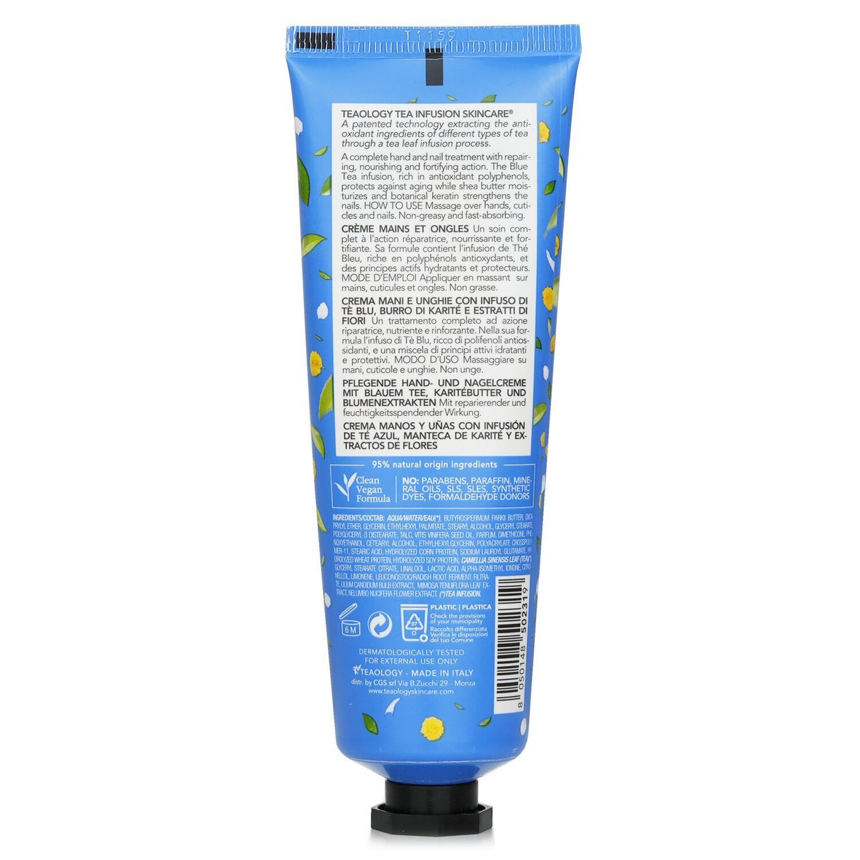Luxurious blue tea hand and nail cream in a 75ml tube, nourishing, hydrating, and vegan for soft, healthy skin.