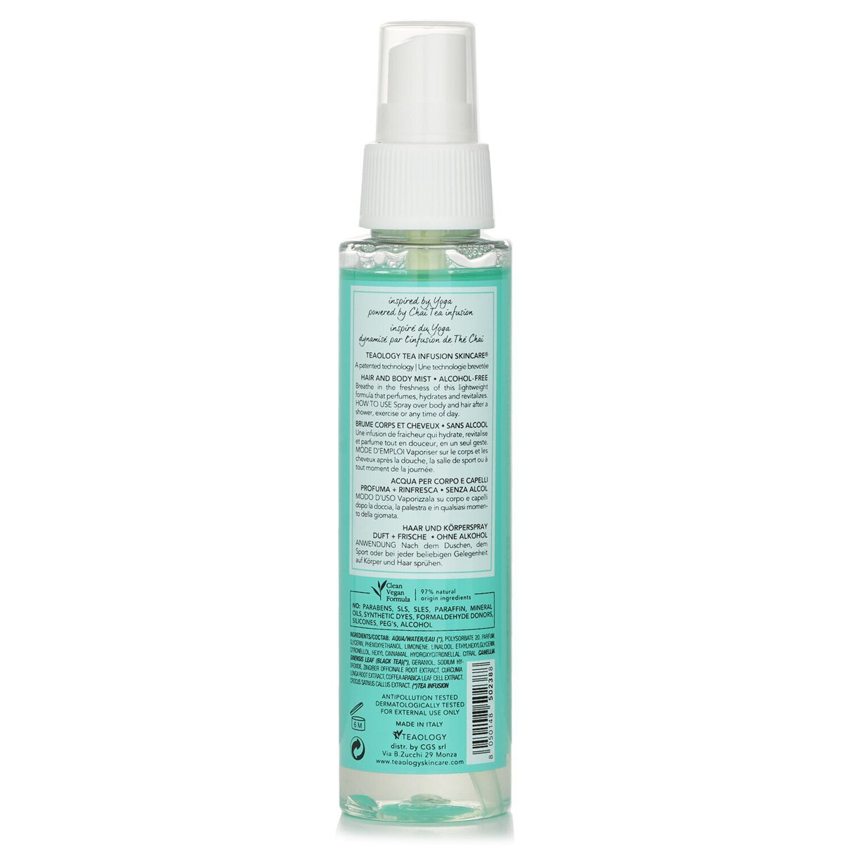 Teaology Yoga Care Breathe mist, a 2-in-1 alcohol-free spray for body and hair with natural ingredients and uplifting fragrance.