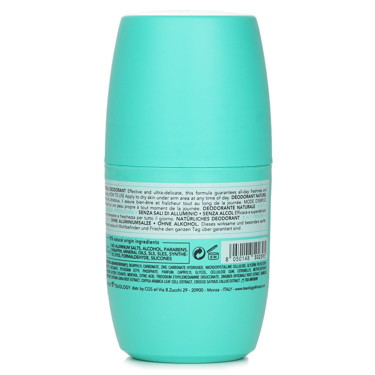 Natural deodorant roll-on with 92% ingredients of natural origin, featuring ginger, turmeric, and organic black tea for all-day freshness.