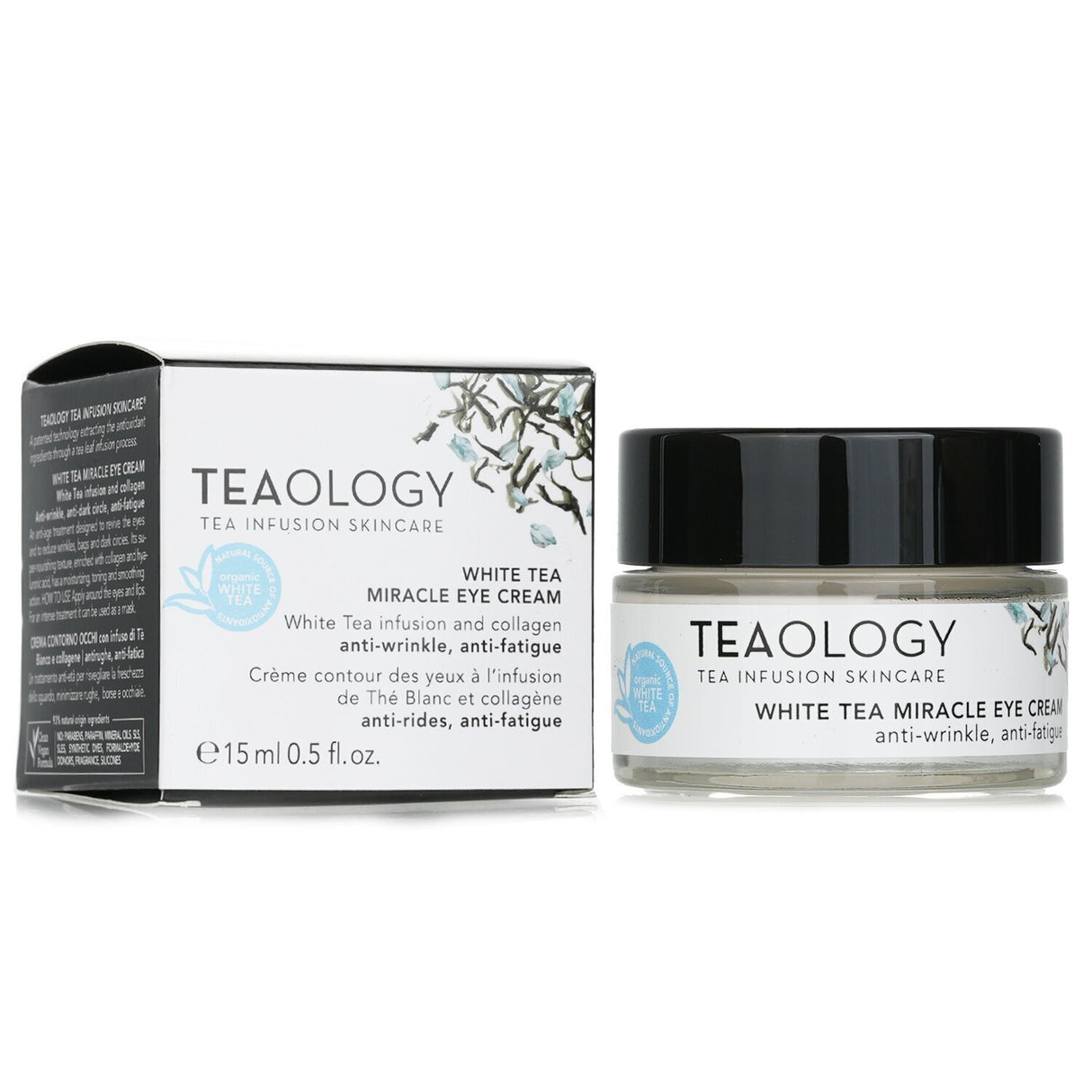 Luxurious 15ml eye cream with organic white tea and plant collagen to reduce wrinkles, dark circles, and revive delicate skin.