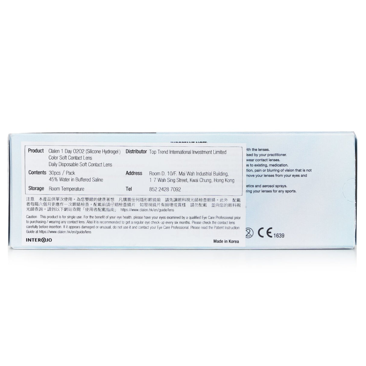 Clalen 1 Day O2O2 Clear Contact Lenses -2.50, 30pcs pack for high-definition vision and all-day comfort with UV protection.