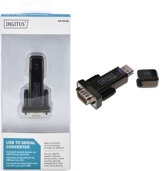 Digitus USB 2.0 Type A to Serial RS232 Mini Adapter for easy connectivity between USB and serial devices, featuring FTDI chipset.