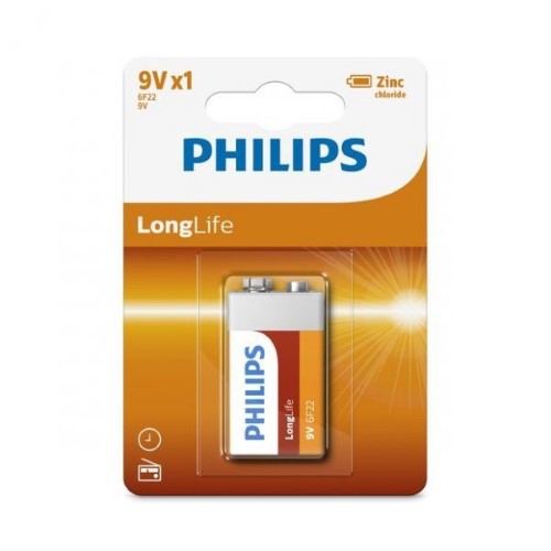 Philips Long Life Zinc Carbon 9V batteries set of 12, ideal for powering smoke detectors, radios, and toys with reliability.