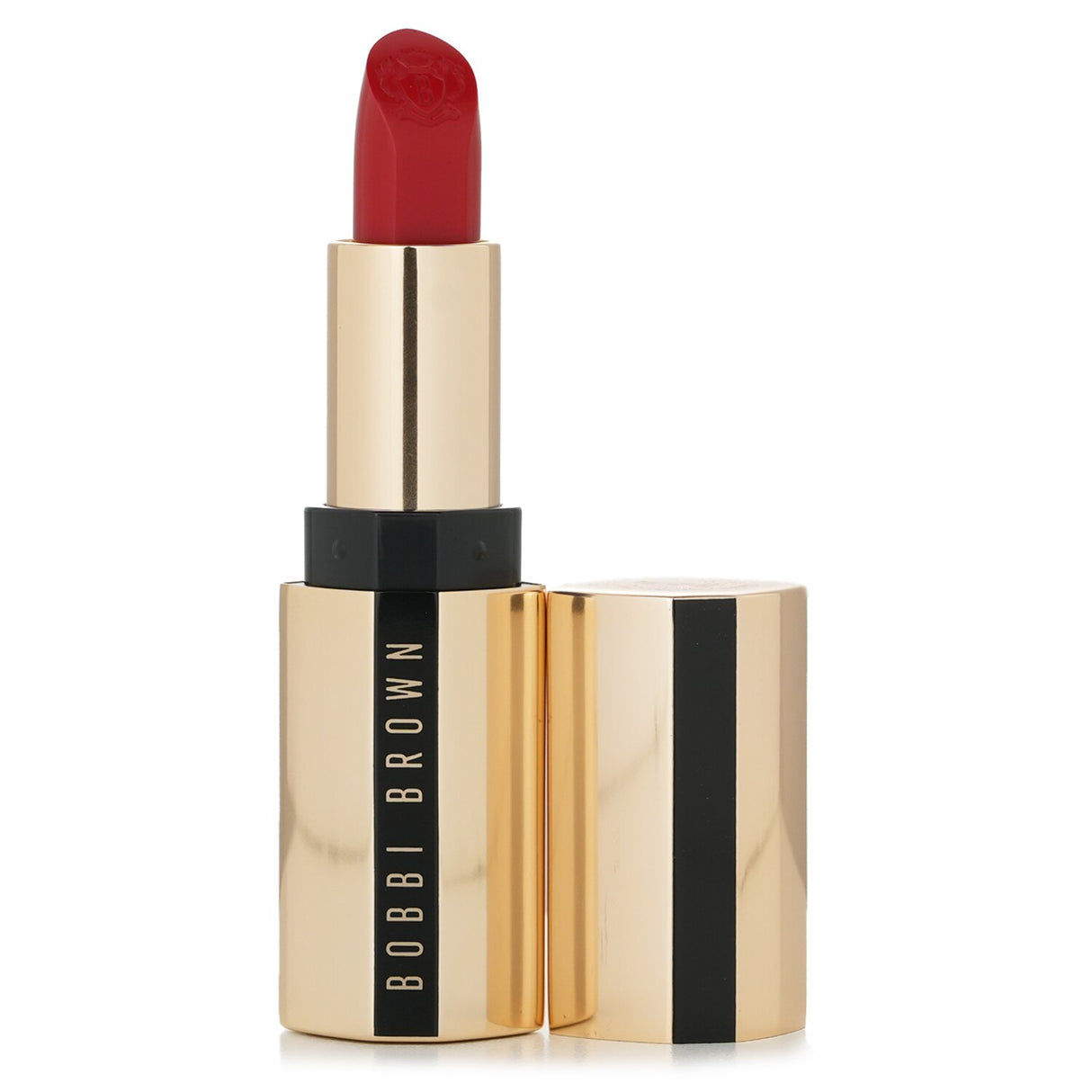 Luxurious Bobbi Brown Luxe Lipstick in #Parisian Red with satin finish, combining vibrant color and skincare benefits for smooth lips.