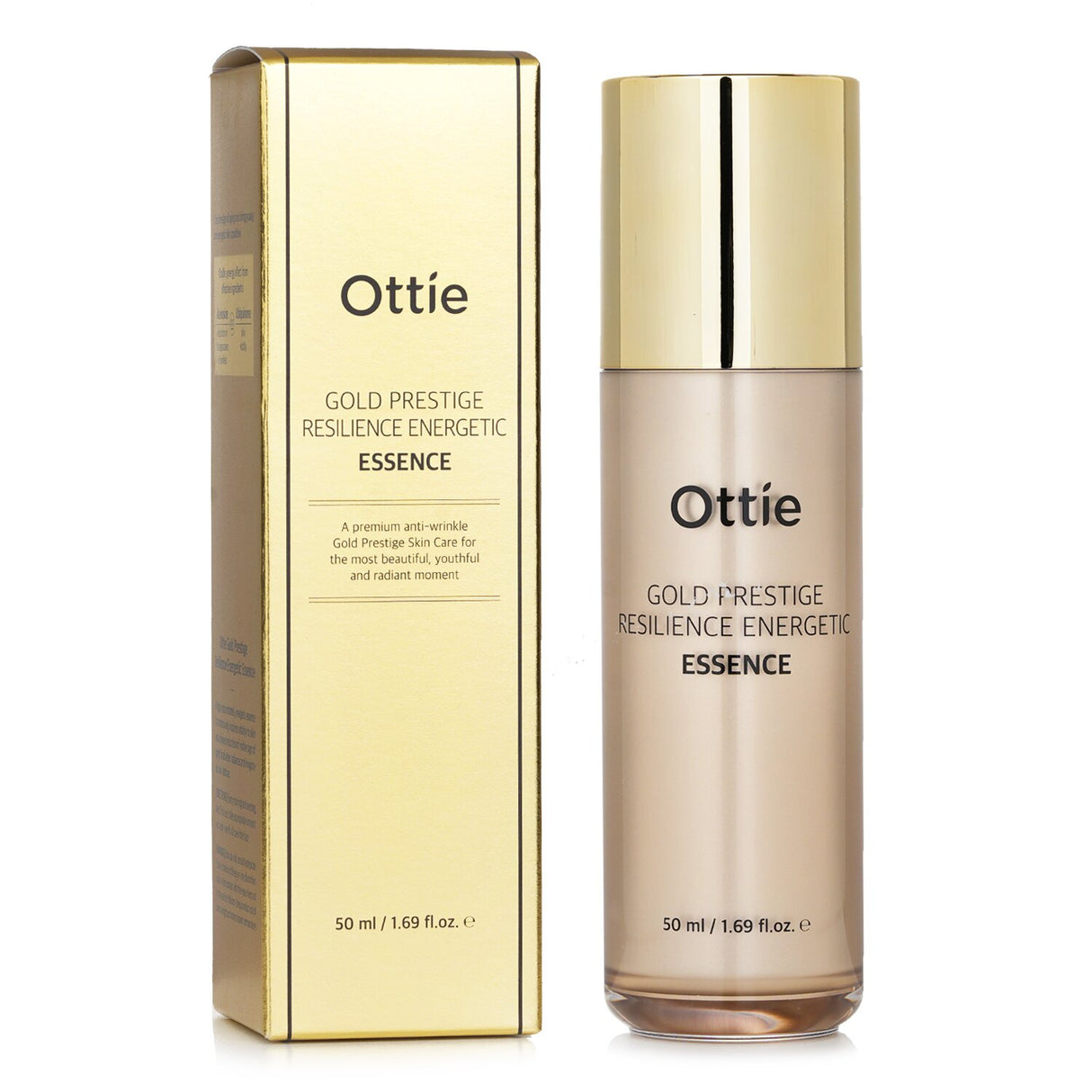 Ottie Gold Prestige Resilience Energetic Essence 50ml, an anti-wrinkle facial essence with adenosine, ceramides, and hyaluronic acid.
