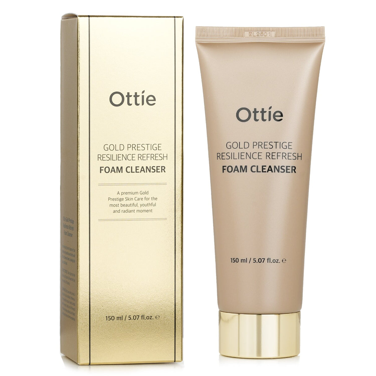 Luxurious Ottie Gold Prestige Resilience Foam Cleanser, 150ml, deeply cleanses while enhancing skin elasticity and radiance.