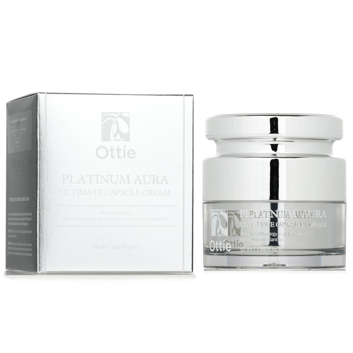 Ottie Platinum Aura Ultimate Capsule Cream in a 50ml jar for anti-wrinkle and whitening benefits, enhancing skin's elasticity and glow.