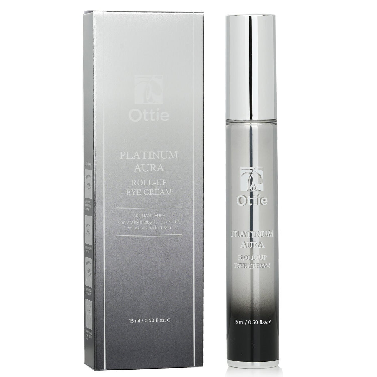 Ottie Platinum Aura Roll Up Eye Cream in 15ml features a cooling roller, revitalizes mature skin, and reduces puffiness and wrinkles.