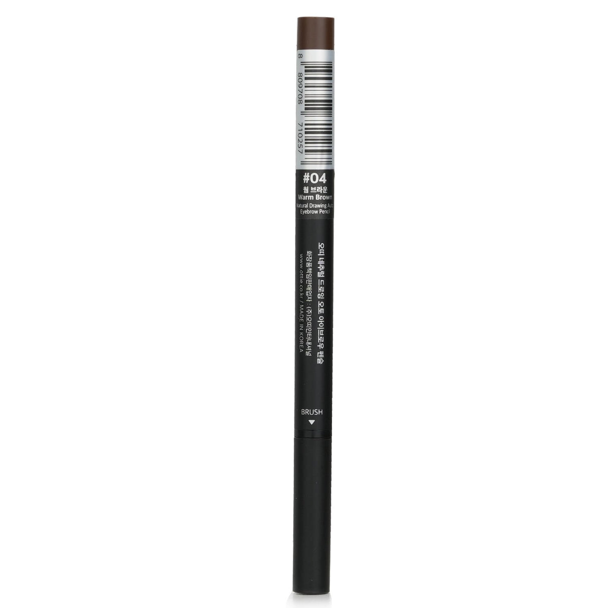 Ottie Natural Drawing Auto Eye Brow Pencil in #04 Warm Brown, featuring a triangular tip for precise, natural brow shaping.