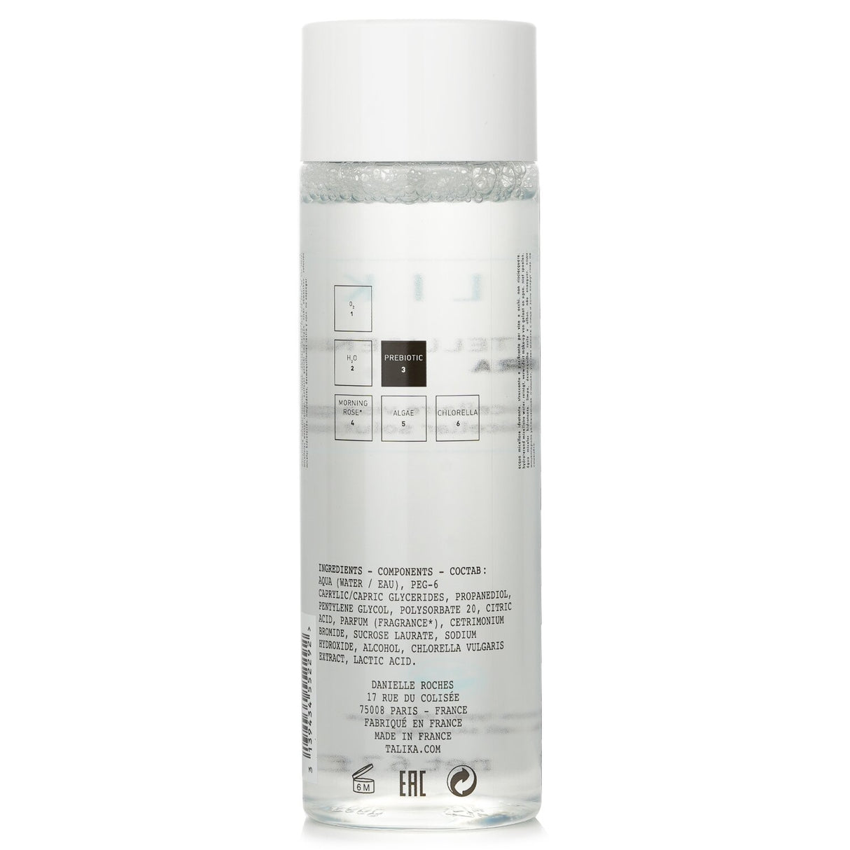 Hydrating micellar solution for makeup removal, enriched with prebiotics and Chlorella for fresh, nourished skin.